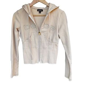 Bebe Vintage Y2K Rinestone Zip Up Hoodie Cropped Sweatshirt Size Medium Beige